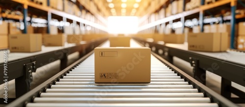 Small cardboard box on conveyor belt in warehouse, wide shot, blurred background, bright light