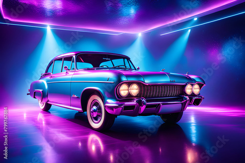 3D illustration retro Car and background neon retro wave 80s style, City Night colorful vibrant	