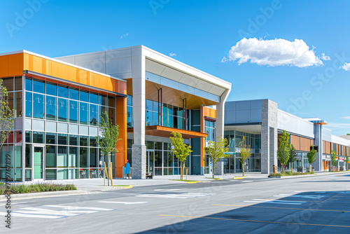 Photo of the mall shopping street in North America. Exterior of a new shopping centre building. Mall complex outdoor
 photo