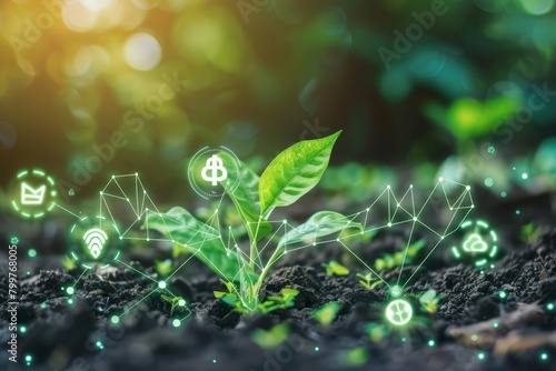 Create an image of a digital growth graph with icons representing various sustainable investment opportunities, showcasing the financial aspect of funding services for green business development