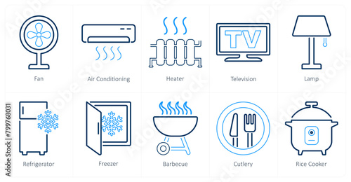 A set of 10 home appliances icons as fan, air conditioning, heater