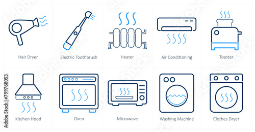 A set of 10 home appliances icons as hair dryer, electric toothbrush, heater