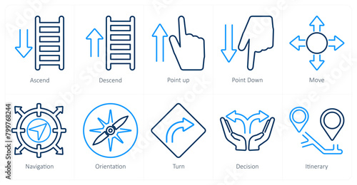 A set of 10 direction icons as ascend, descend, point up