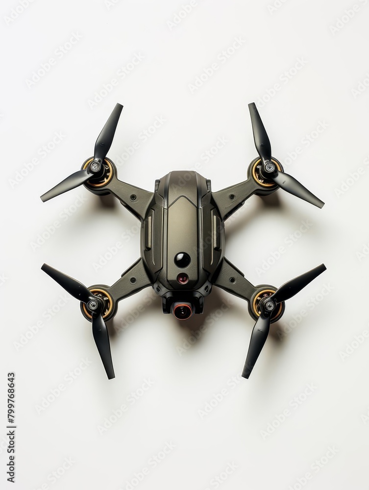 Top view of black drone with camera isolated on white background Top view of black drone with camera isolated on white background