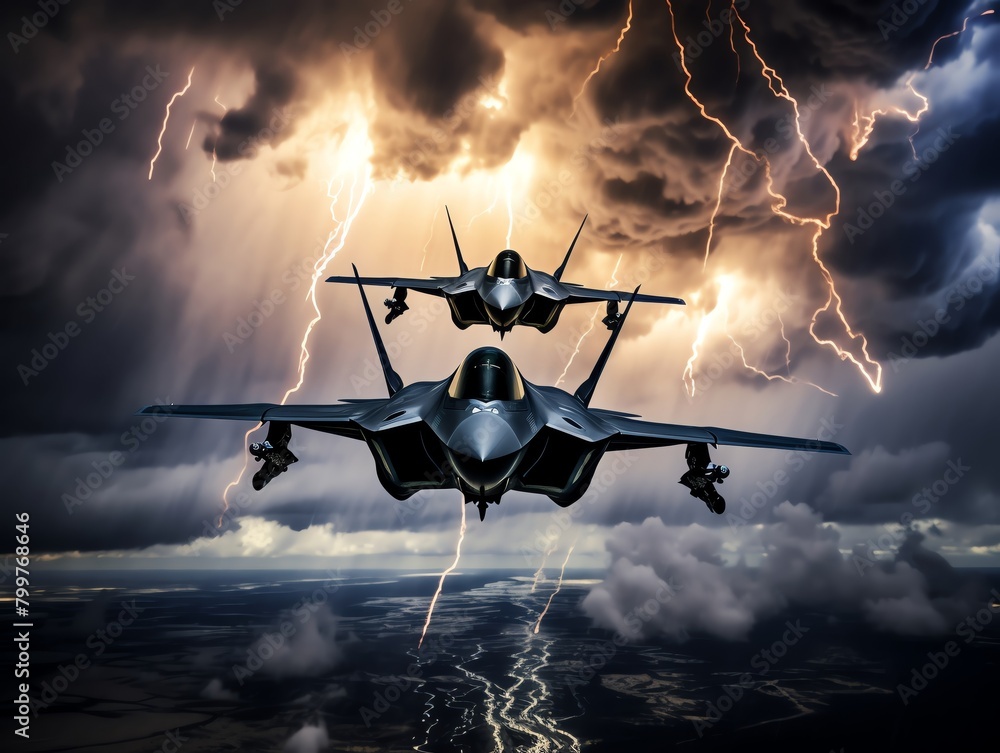Two F-35 Lightning II stealth fighters fly through a lightning storm ...