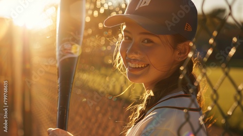 A girl in a baseball uniform holding a baseball bat stands smiling and looks at the camera with sunlight shining behind her photo