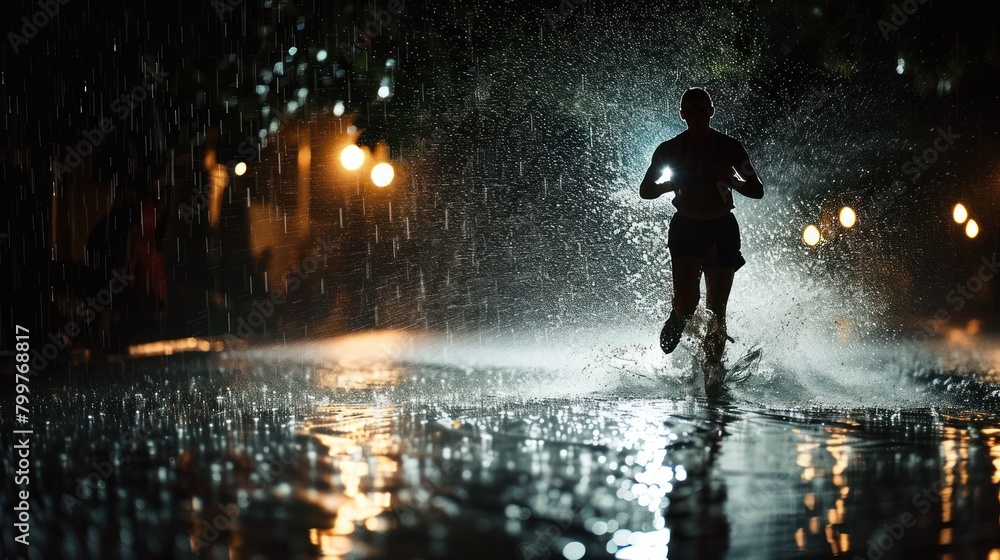 Obraz premium Athlete running in rain through water at night