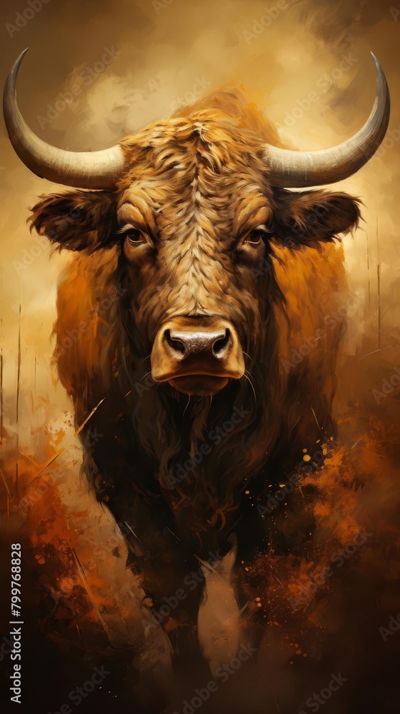 A painting of a bull in a field, with a stormy sky in the background. The bull is muscular and strong, with a proud and determined look on its face. It is standing in the middle of the field, with its