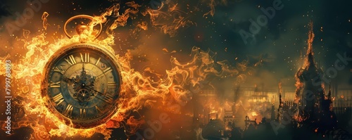 Imagine a timeless clock design reminiscent of oldworld elegance, set ablaze by fiery inferno photo