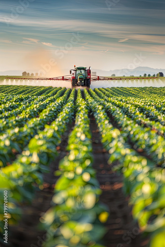Tractor spraying pesticides on soybean field with sprayer at spring