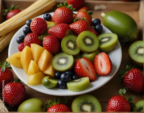 Plate of assorted fruits - strawberries  kiwi  and straw.