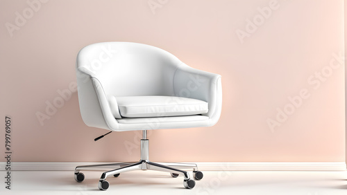 A white office chair sits in front of a white wall