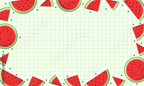 Watermelon slice background frame banner with grid fresh fruit watermelon illustration