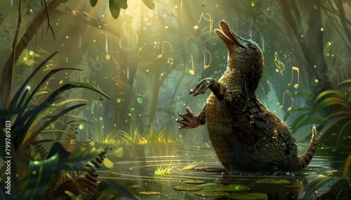 In the heart of the jungle, a curious platypus taps beats with his webbed feet, as notes float upwards creating a musical stave  Cartoon concept photo
