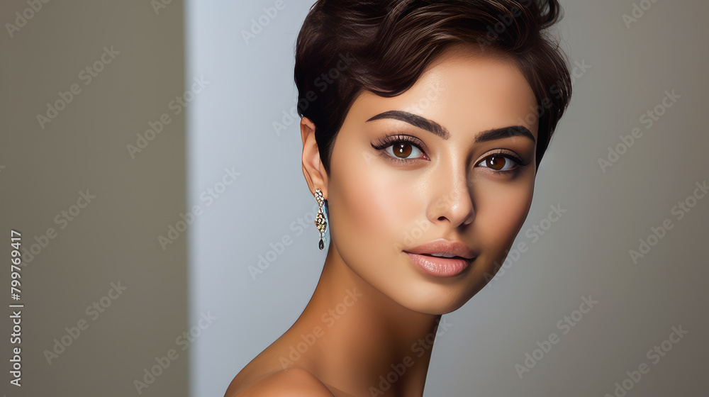 Beautiful, elegant, sexy Latino, Spain with short haircut woman with perfect skin, gray background, banner. Beautiful, elegant, sexy Latino, Spain with short haircut woman with perfect skin, gray background, banner.