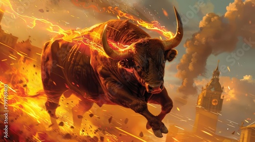 Intense energy emanates from a fiery bull set against a vivid setting photo