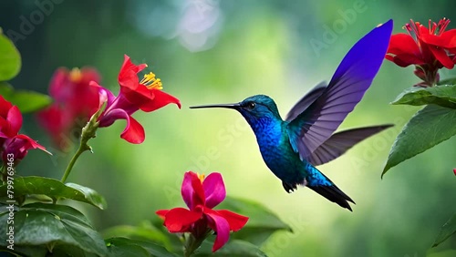 Blue Hummingbird, Violet Sabrewing, Flying Next to Beautiful Red Flower. Tiny Birds in Costa Rican Jungle Wildlife, Sucking Nectar and Displaying Bird Behavior photo