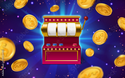 3d casino slot machine with lever handle for jackpot game background. Lucky wheel reel for coin. Roulette fortune spin banner for online gamble lottery. Blank retro luck bar to play with button