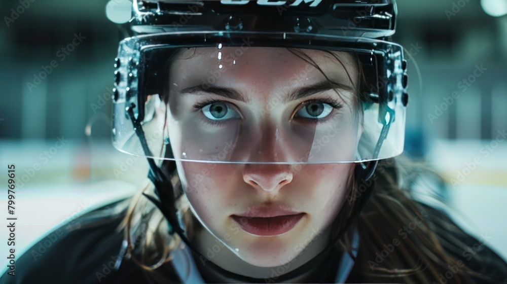 Close-up of a female ice hockey player, alone on the field. Close-up of a female ice hockey player, alone on the field.