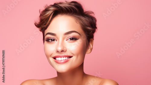 Beautiful, elegant, sexy Latino, Spain with short haircut woman with perfect skin, pink background, banner.