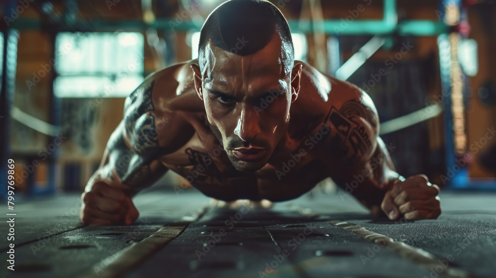 shot of a muay thai boxing athlete doing pushups in a gym