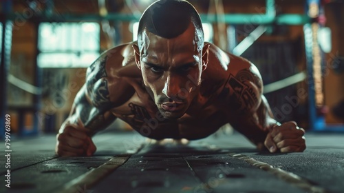 shot of a muay thai boxing athlete doing pushups in a gym photo