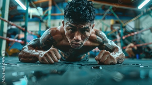 shot of a muay thai boxing athlete doing pushups in a gym photo