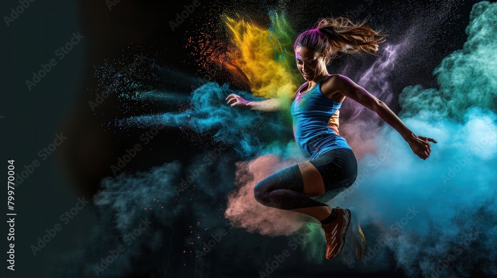 female athlete jumping colored powder