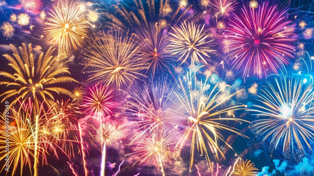 Radiant display of fireworks in a vibrant dreamy night sky sparkling and fascinating onlookers with their spectacular show Radiant display of fireworks in a vibrant dreamy night sky sparkling and fascinating onlookers with their spectacular show