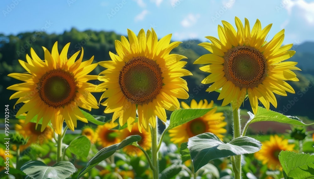 Sunflowers stand tall as a family, their faces like a crowd waiting for the festive bus parade, bright water color Sunflowers stand tall as a family, their faces like a crowd waiting for the festive bus parade, bright water color