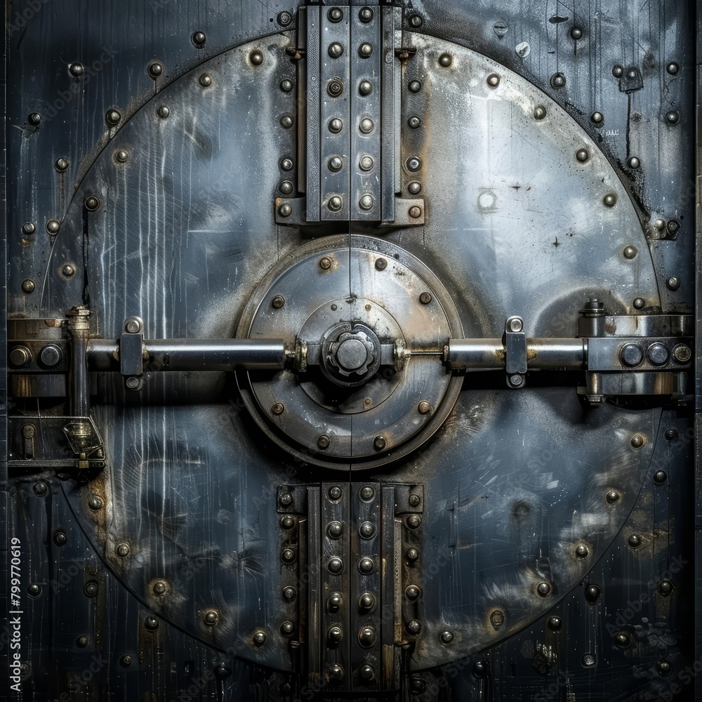 The cool, metallic surface of a bank vault door, exuding an aura of safety and invulnerability The cool, metallic surface of a bank vault door, exuding an aura of safety and invulnerability