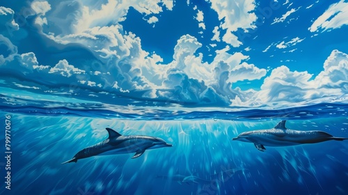 The deep blue ocean mirrors the sky above, punctuated by the graceful arcs of dolphins, bright water color photo