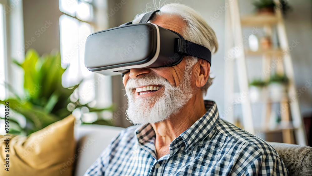 Senior man enjoying VR headset gadget at home. Elderly male having fun and playing metaverse gaming. Concept of virtual reality and modern technology in old age Senior man enjoying VR headset gadget at home. Elderly male having fun and playing metaverse gaming. Concept of virtual reality and modern technology in old age
