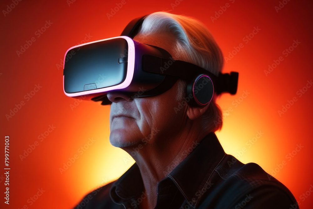 Senior man enjoying VR headset gadget. Elderly male having fun and playing metaverse gaming. Concept of virtual reality and modern technology in old age Senior man enjoying VR headset gadget. Elderly male having fun and playing metaverse gaming. Concept of virtual reality and modern technology in old age