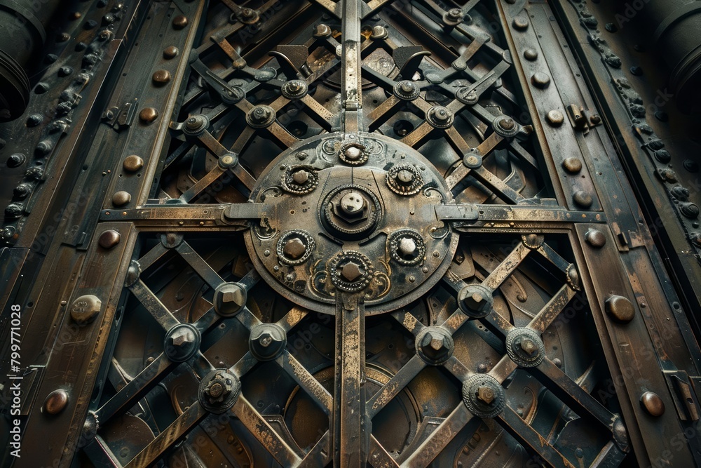 The intricate patterns and sturdy design of a solid, unyielding bank vault door The intricate patterns and sturdy design of a solid, unyielding bank vault door