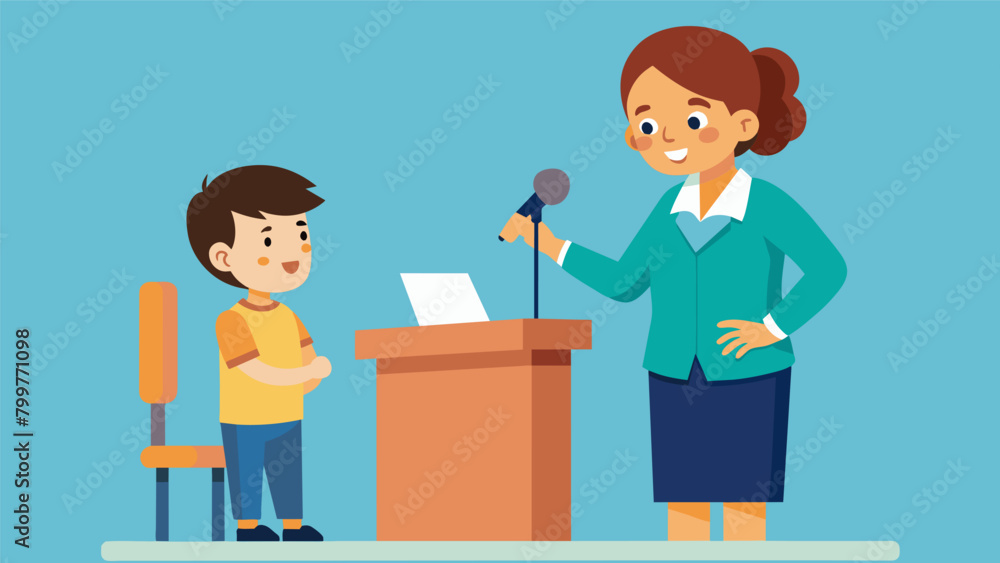 In a classroom a teacher hands a microphone to a young boy who stands up from his desk ready to deliver a speech on the importance of everyone having. Vector illustration In a classroom a teacher hands a microphone to a young boy who stands up from his desk ready to deliver a speech on the importance of everyone having. Vector illustration