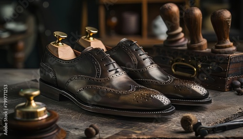 The skillful interplay of brass and leather in shoemaking fixes a standard of excellence that fires up the market, business concept photo