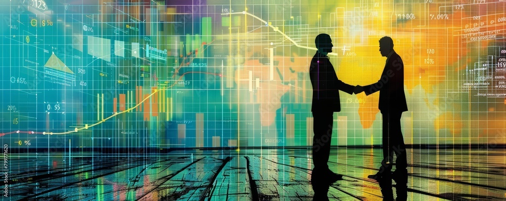 Two figures engaging in a professional handshake amidst a visually dynamic display of rising economic indicators and international business progress charts Two figures engaging in a professional handshake amidst a visually dynamic display of rising economic indicators and international business progress charts