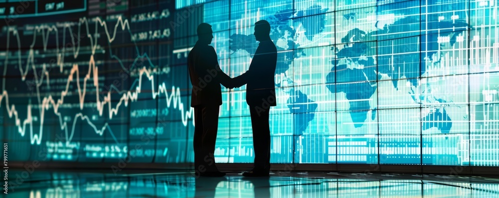 Two figures engaging in a professional handshake amidst a visually dynamic display of rising economic indicators and international business progress charts Two figures engaging in a professional handshake amidst a visually dynamic display of rising economic indicators and international business progress charts
