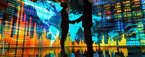 Two figures engaging in a professional handshake amidst a visually dynamic display of rising economic indicators and international business progress charts