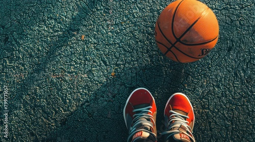 Top view  unidentified basketball player holding a ball while standing on the sports field