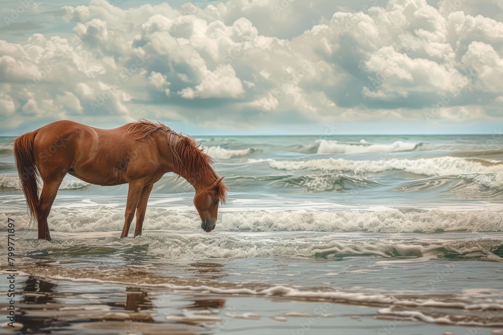 Waves whisper secrets to the shore, where a lone horse grazes, its mane fluttering like sea foam, kawaii water color Waves whisper secrets to the shore, where a lone horse grazes, its mane fluttering like sea foam, kawaii water color
