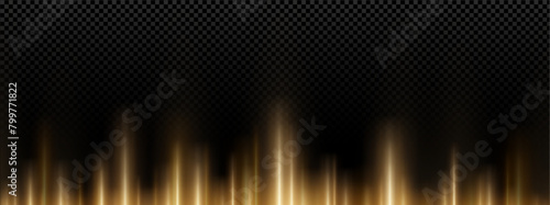 Gold vertical line light with flare effect background. Magic golden beam and sparkle neon shine pattern. Bottom neon laser ray border bg design. Nightclub upward string glow luxury illustration