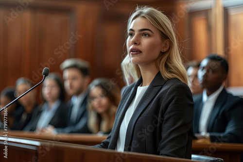 Court of Justice and Law Trial: Female Public Defender Presenting Case, Making Passionate Speech to Judge, Jury. Multiethnic Attorney Lawyer Protecting Client's Innocents with Supportive Evidence photo