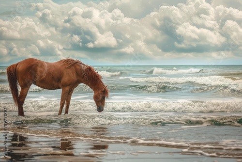 Waves whisper secrets to the shore, where a lone horse grazes, its mane fluttering like sea foam, kawaii water color