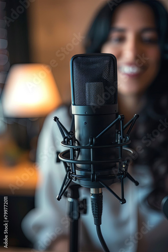 Closeup of microphone standing on table with woman recording podcast. Confident latin woman recording a podcast in studio using microphone 