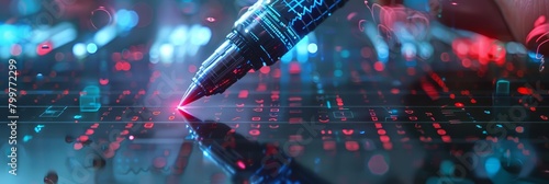 A code worm unravels under the scrutiny of a cybernetic pen, each line of code meticulously corrected by an expert engineer, captured in a macro concept photo