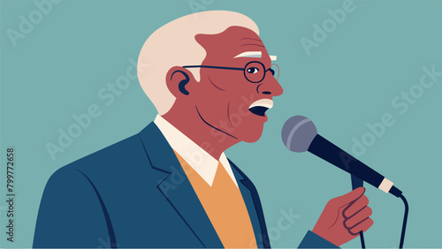 An elderly man speaks passionately into the microphone his words capturing the essence of Juneteenth and its importance to the community.. Vector illustration