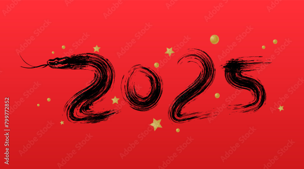 Obraz premium Traditional Chinese Year of the Snake illustration vector 2025, ink style, red envelope, Asian elements red and gold traditional style (Translation: Snake Zodiac 2025 Happy New Year)