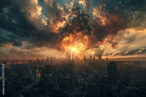 A hauntingly beautiful image of a city skyline with buildings crumbling under the force of an atomic bomb blast photo